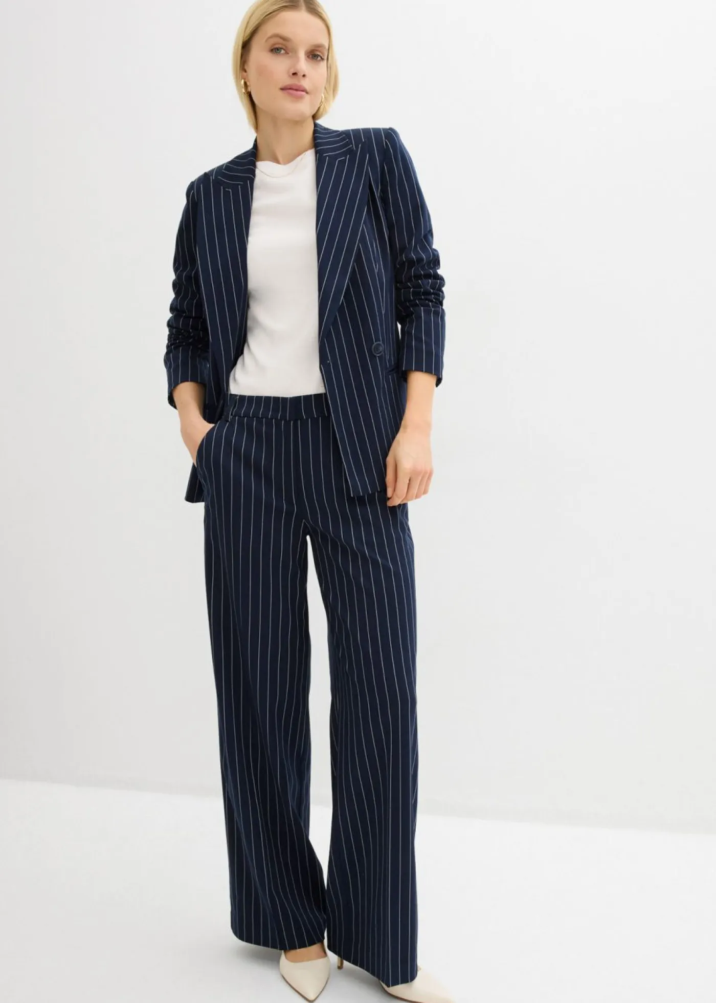 bonprix bonprix Pantalones|Novedades>Pantalón de traje con rayas azul marino/blanco lana con rayas