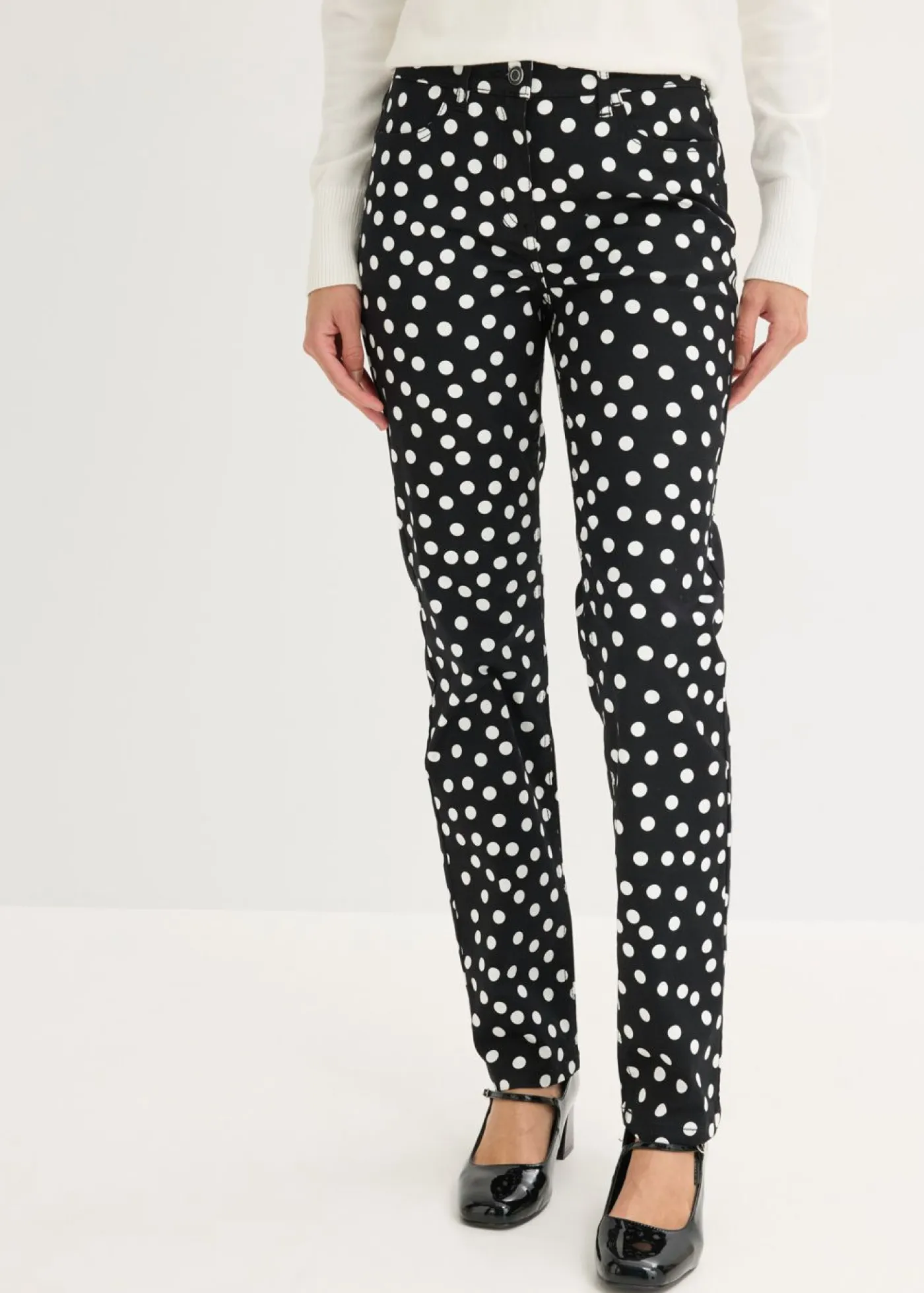 bonprix bonprix Pantalones>Pantalón elástico 5 bolsillos Negro-blanco lana de lunares