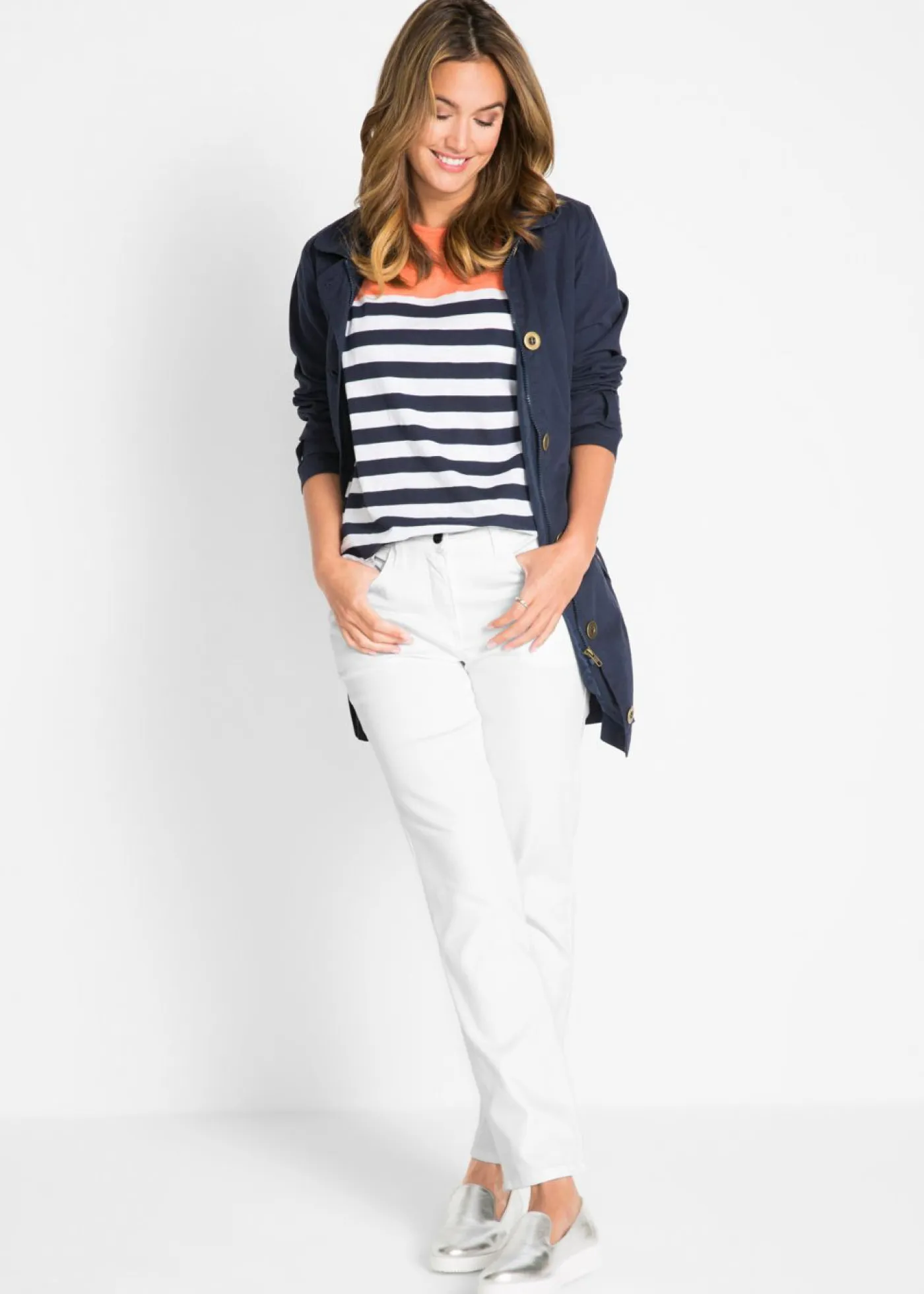 bonprix bonprix Pantalones>Pantalón elástico con perneras rectas, mid waist Blanco