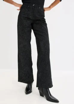 bonprix bonprix Pantalones>Pantalón elástico de algodón con pernera ancha Negro + gris ahumado