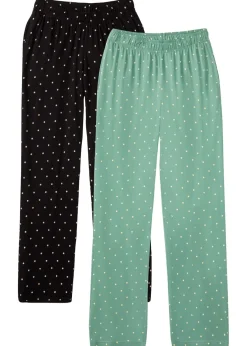 bonprix bonprix Ropa Para Dormir>Pantalón largo de pijama de algodón puro (2 unidades) salvia ahumado+negro topos