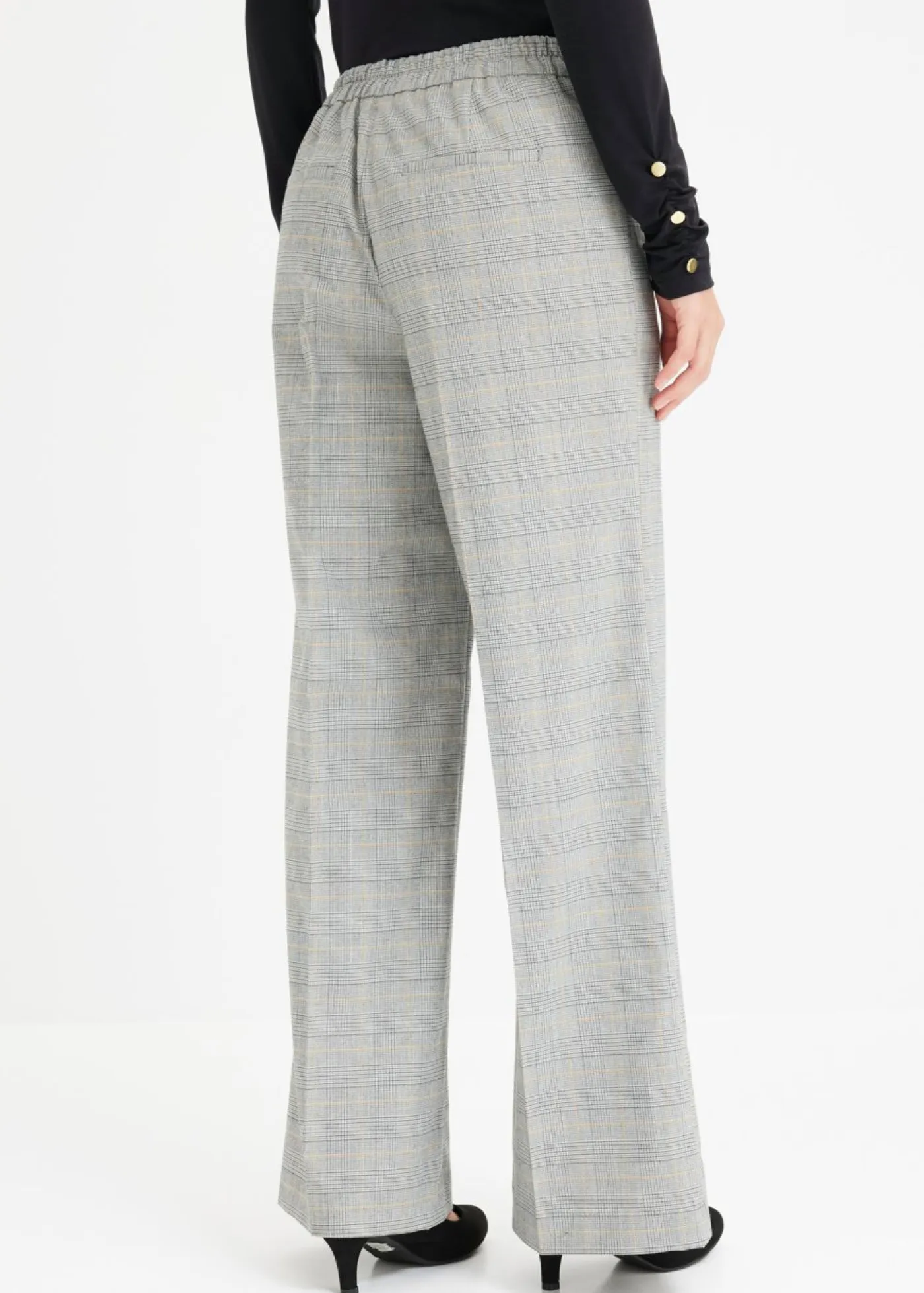 bonprix bonprix Pantalones|Tallas Pequeñas>Pantalón Marlene con viscosa de cuadro galés Negro-arena de cuadros