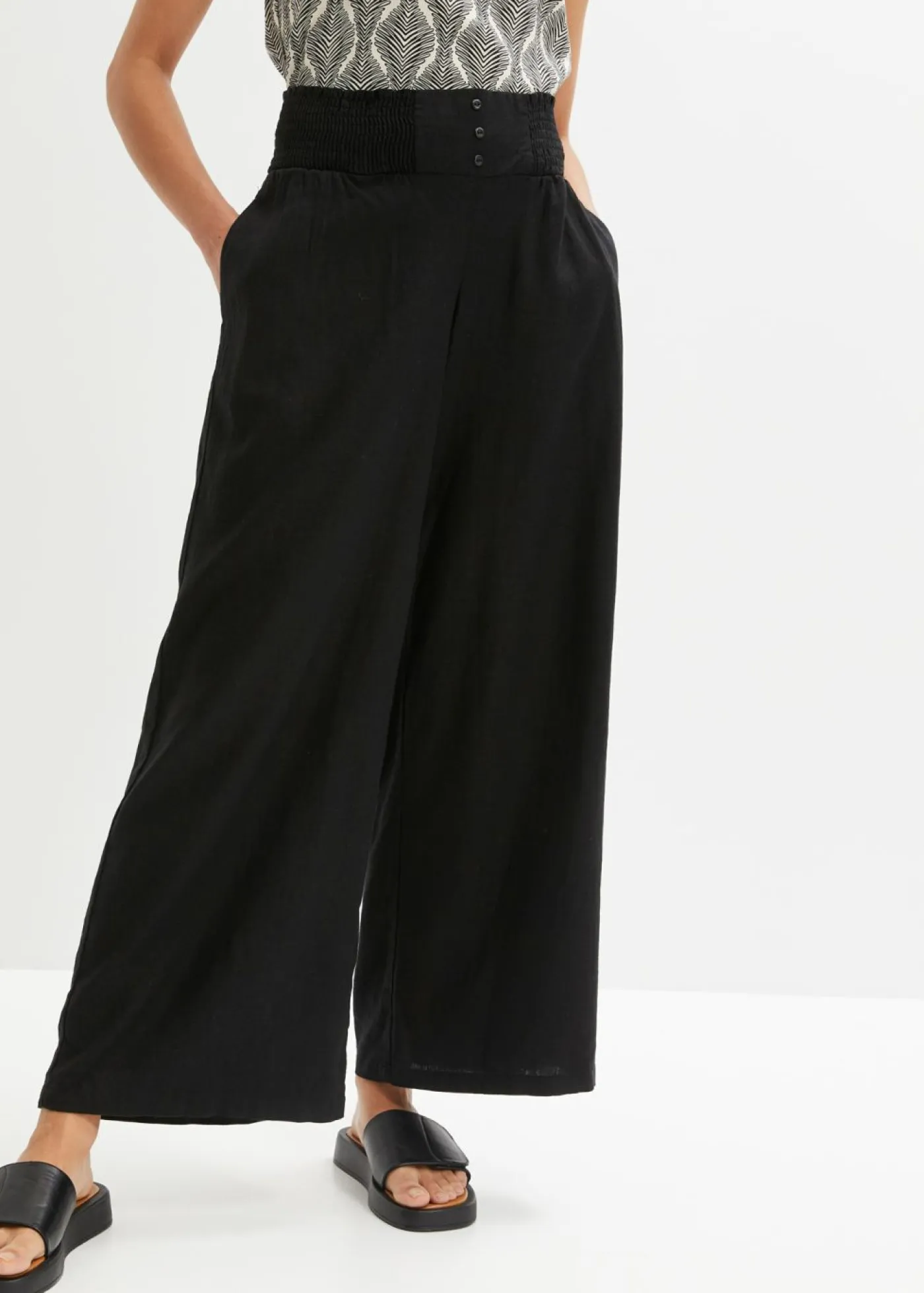 bonprix bonprix Pantalones>Pantalón Marlene de mezcla vaporosa de lino Negro