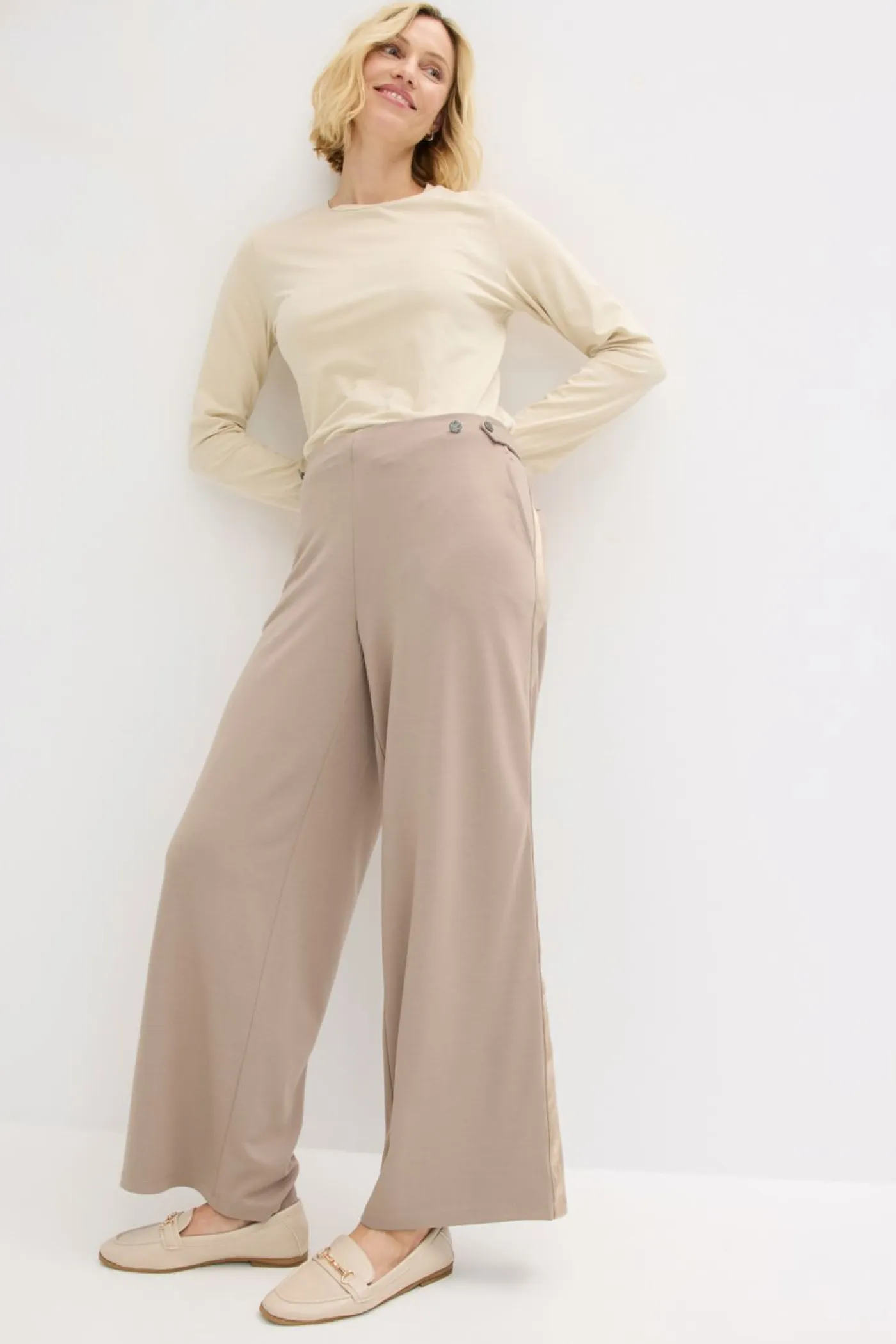 bonprix bonprix Pantalones>Pantalón Marlene de Punto di Roma con cinta de satén Marrón grisáceo