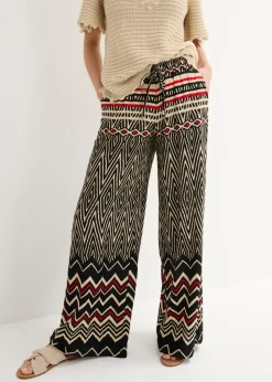 bonprix bonprix Pantalones>Pantalón Marlene de viscosa fluida Negro/arena con estampado gráfico
