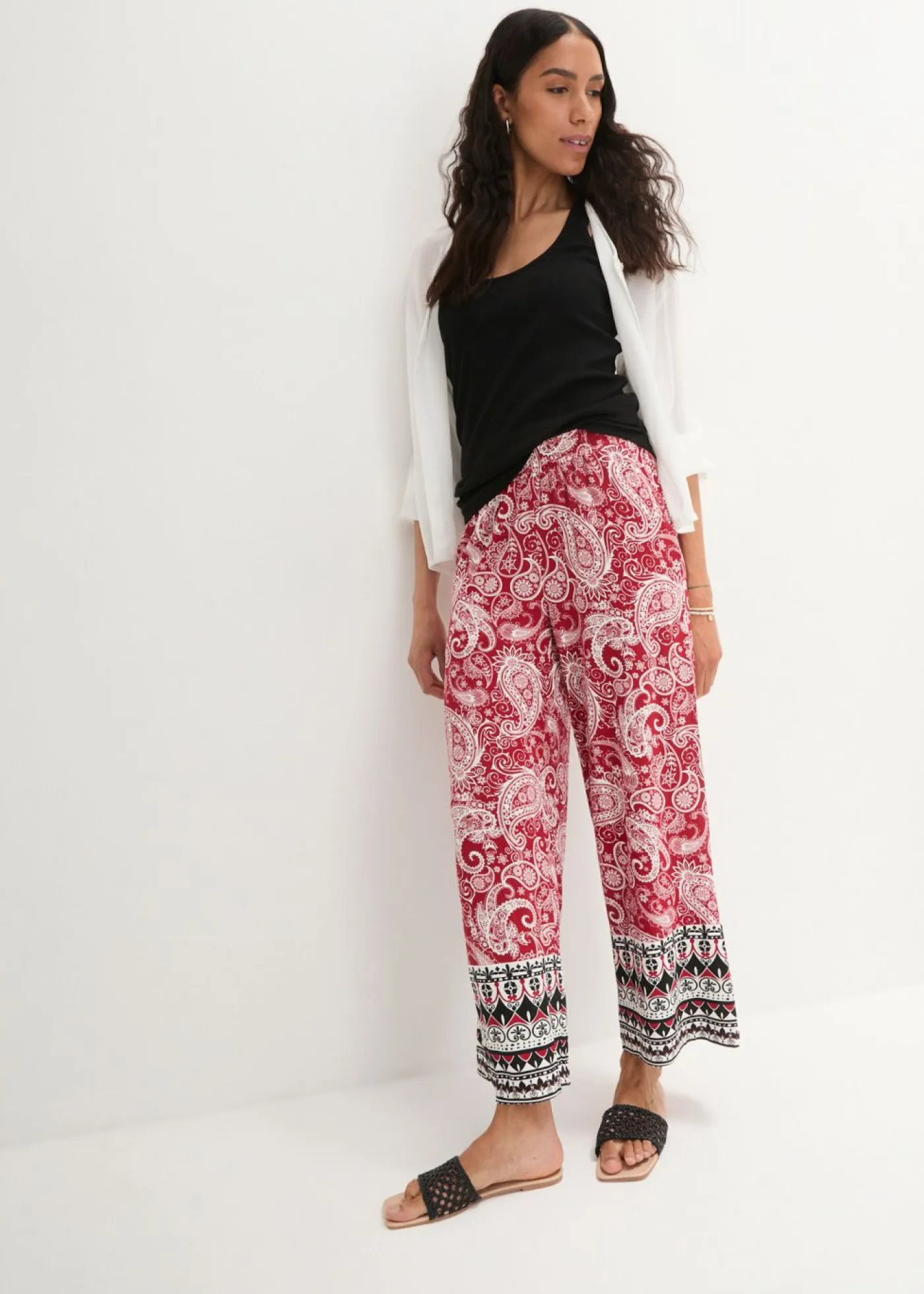 bonprix bonprix Pantalones>Pantalón palazzo de mezcla suave de viscosa rojo cayena de flores