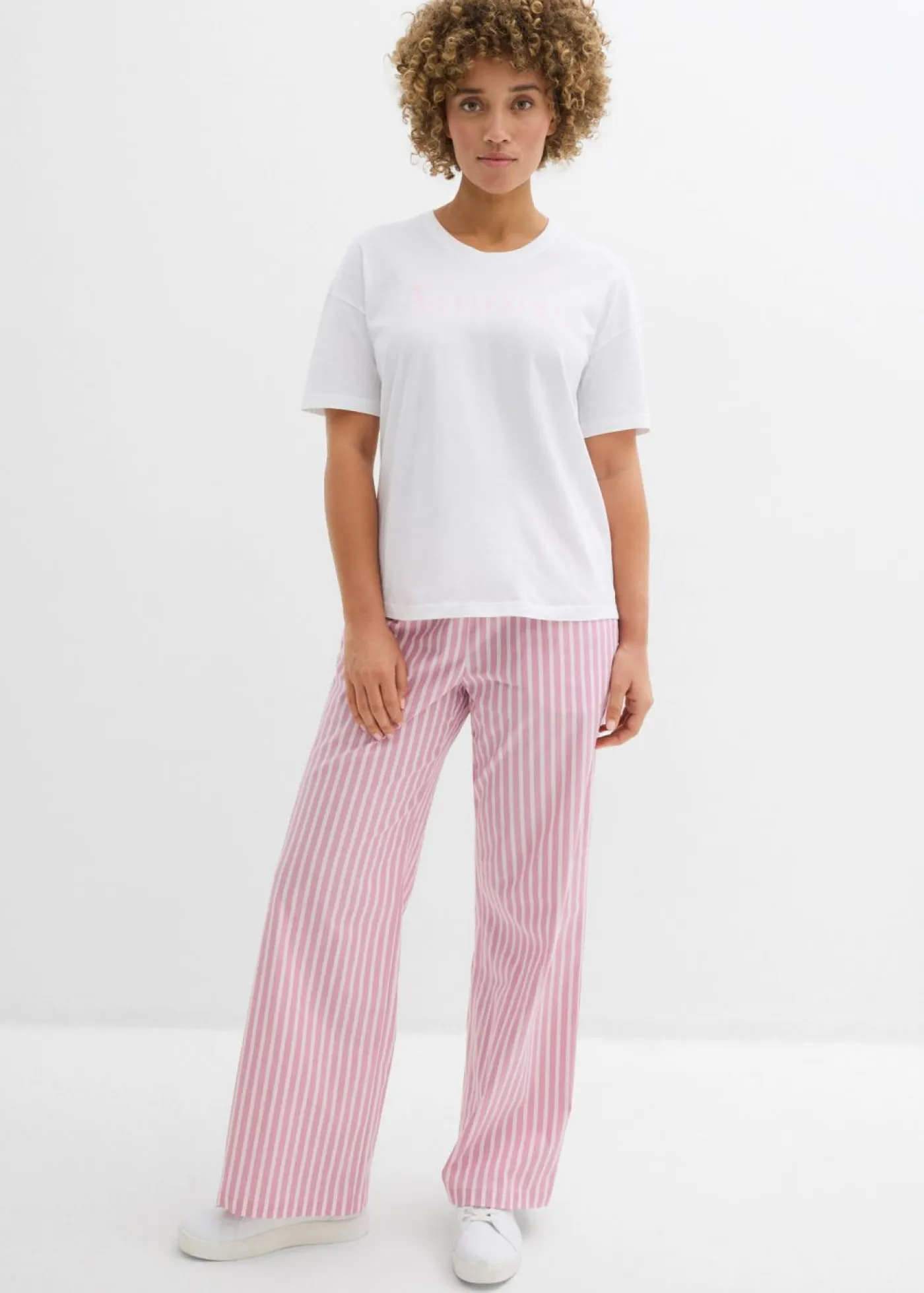 bonprix bonprix Conjuntos De Ropa|Pantalones>Pantalón palazzo de popelín de algodón rosa claro-malva rayas verticales