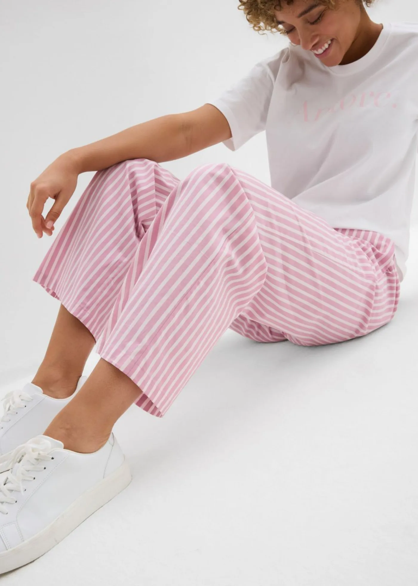 bonprix bonprix Conjuntos De Ropa|Pantalones>Pantalón palazzo de popelín de algodón rosa claro-malva rayas verticales