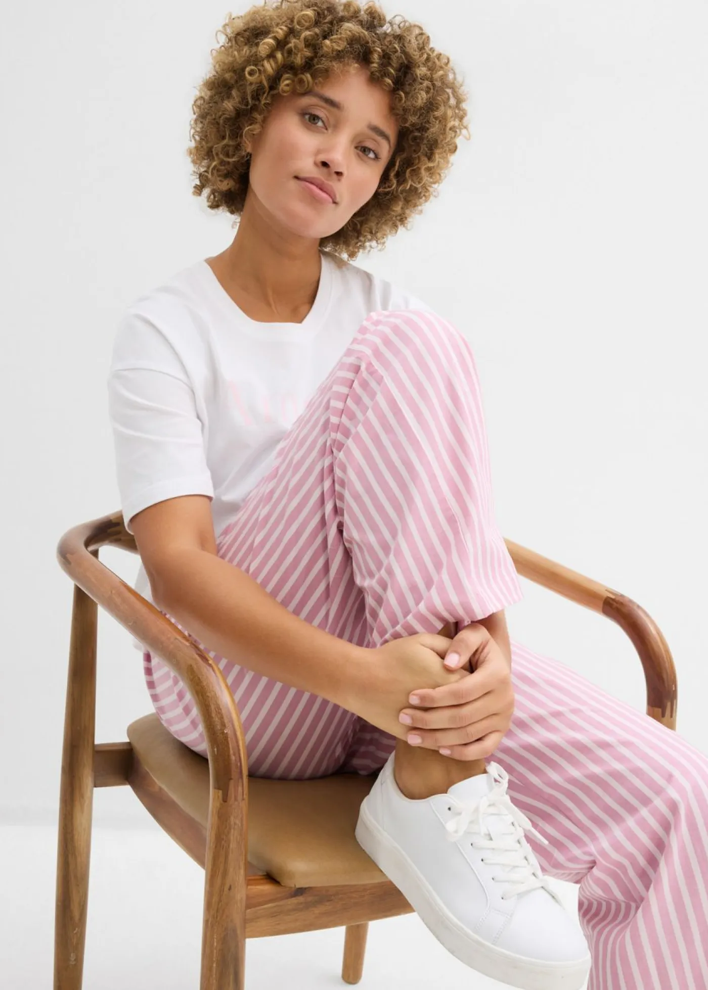 bonprix bonprix Conjuntos De Ropa|Pantalones>Pantalón palazzo de popelín de algodón rosa claro-malva rayas verticales