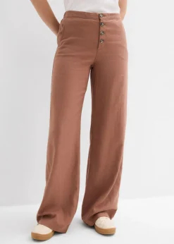 bonprix bonprix Pantalones|Novedades>Pantalón palazzo largo con lino Marrón castaño