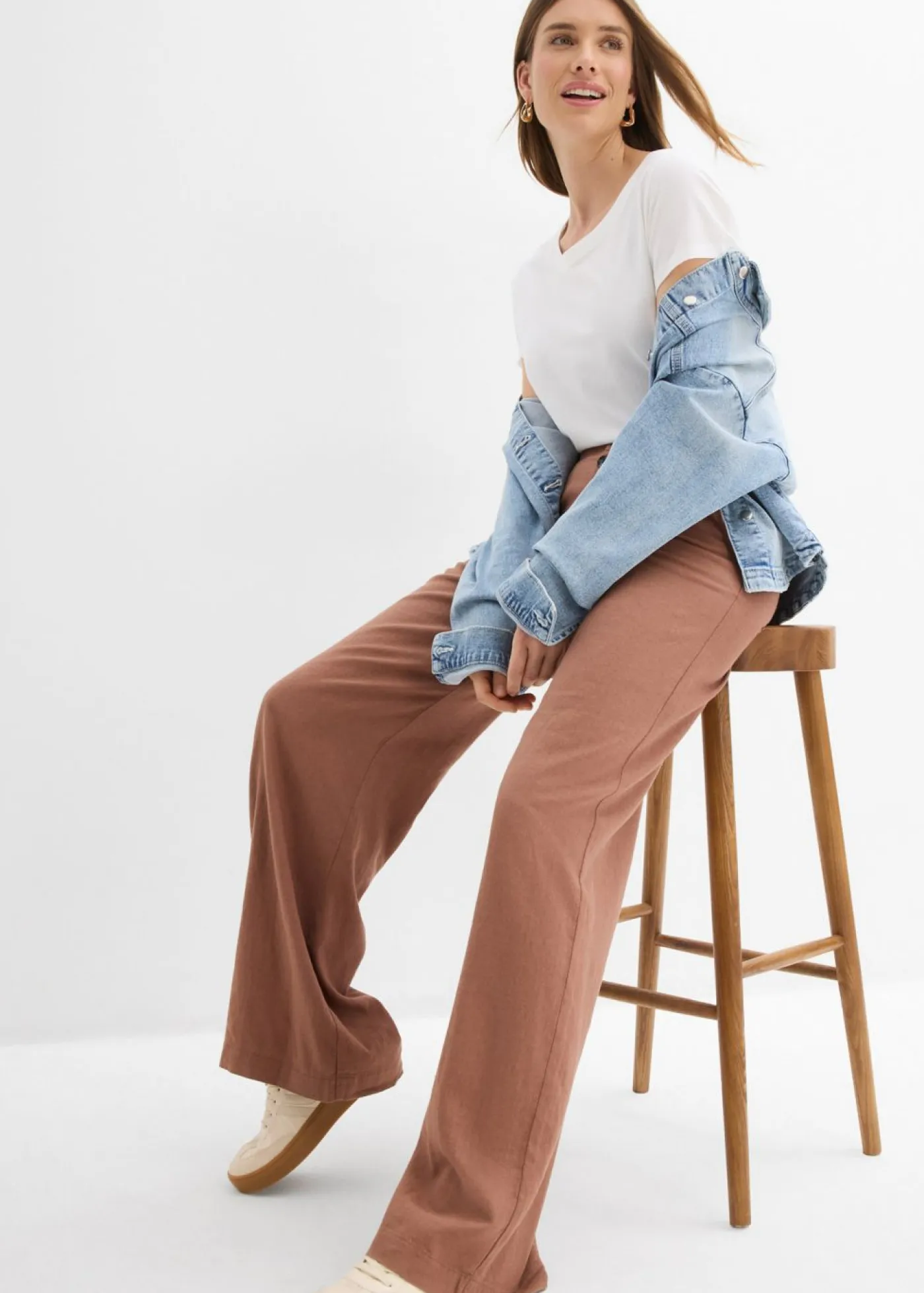 bonprix bonprix Pantalones|Novedades>Pantalón palazzo largo con lino Marrón castaño