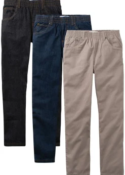 bonprix bonprix Ropa 9 A 16 Años·Pantalones|Ropa 9 A 16 Años·Packs De Ropa>Pantalón sin cierre de algodón puro regular fit, straight (3 unidades) Denim negro + denim azul marino + marrón grisáceo