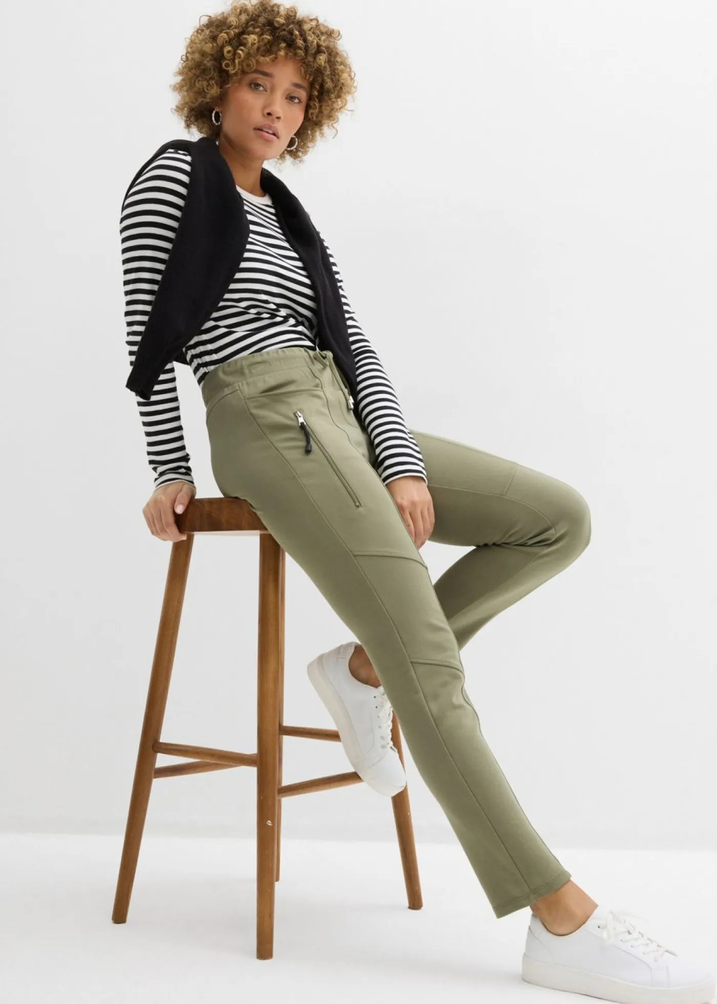 bonprix bonprix Pantalones|Novedades>Pantalón sin cierre de cómodo tejido Punto di Roma Verde oliva