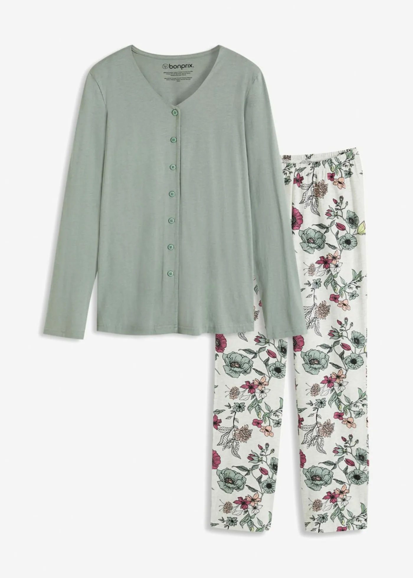 bonprix bonprix Ropa Para Dormir>Pijama con botones verde-natural jaspeado con flores