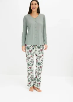 bonprix bonprix Ropa Para Dormir>Pijama con botones verde-natural jaspeado con flores