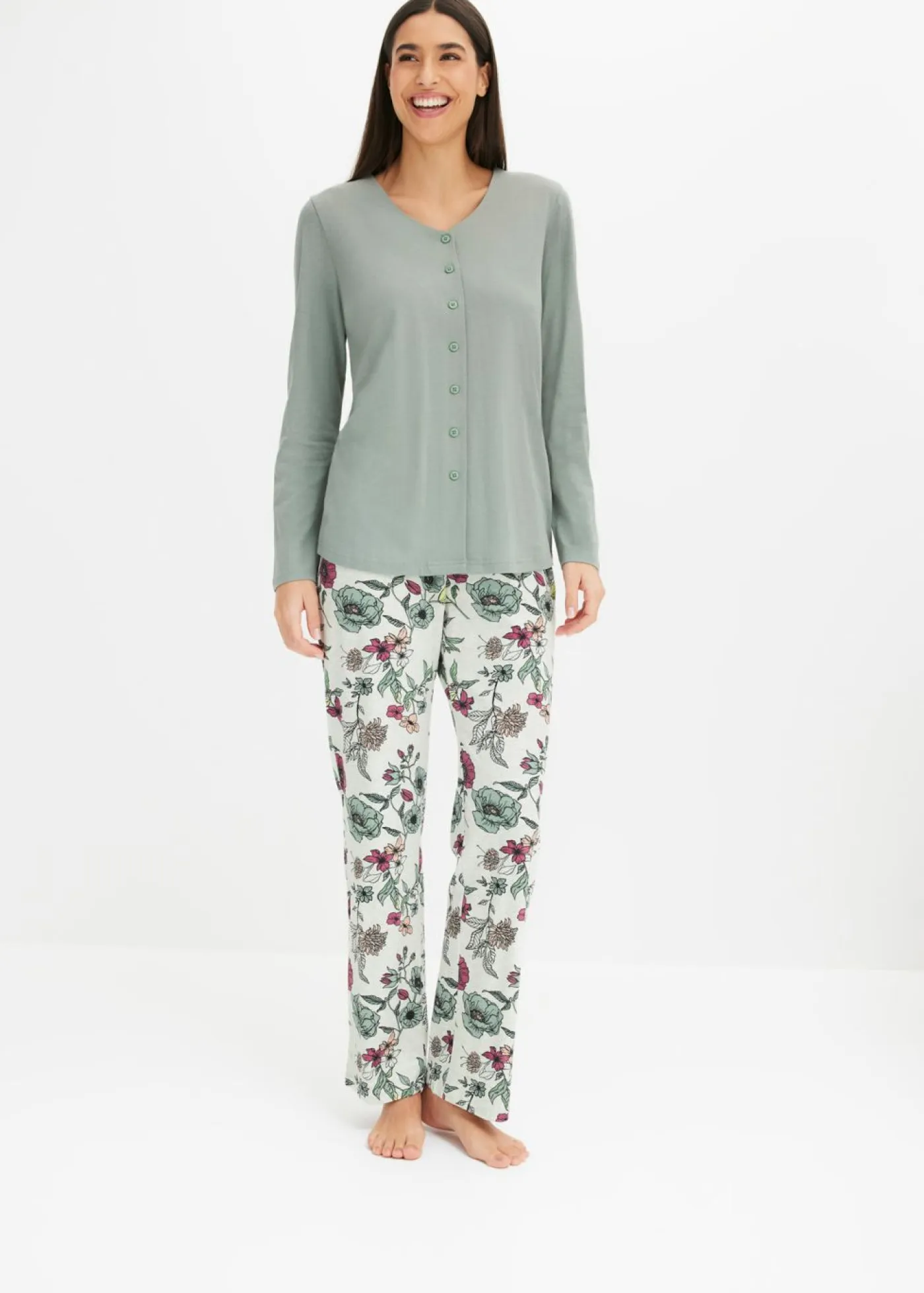 bonprix bonprix Ropa Para Dormir>Pijama con botones verde-natural jaspeado con flores