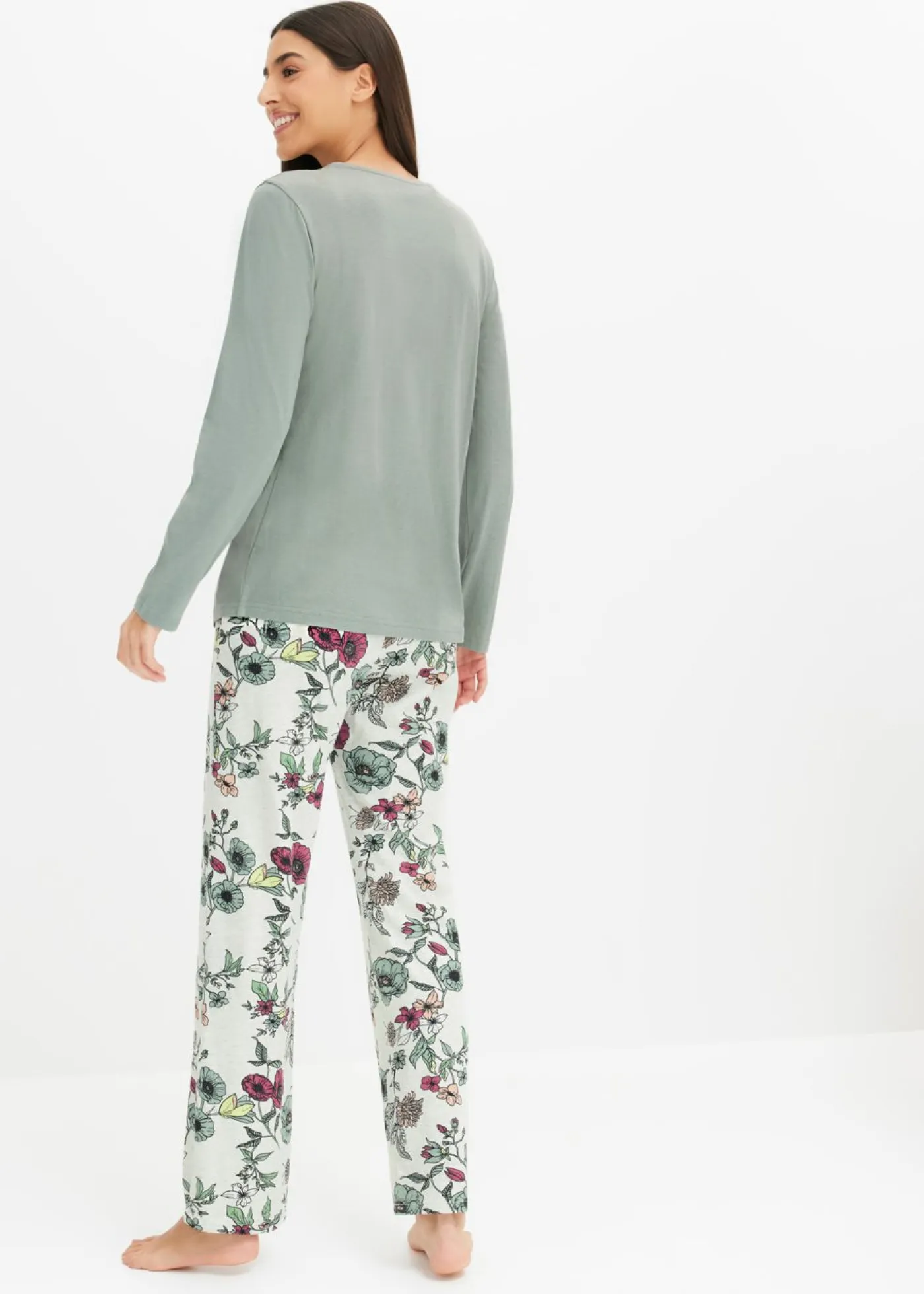 bonprix bonprix Ropa Para Dormir>Pijama con botones verde-natural jaspeado con flores