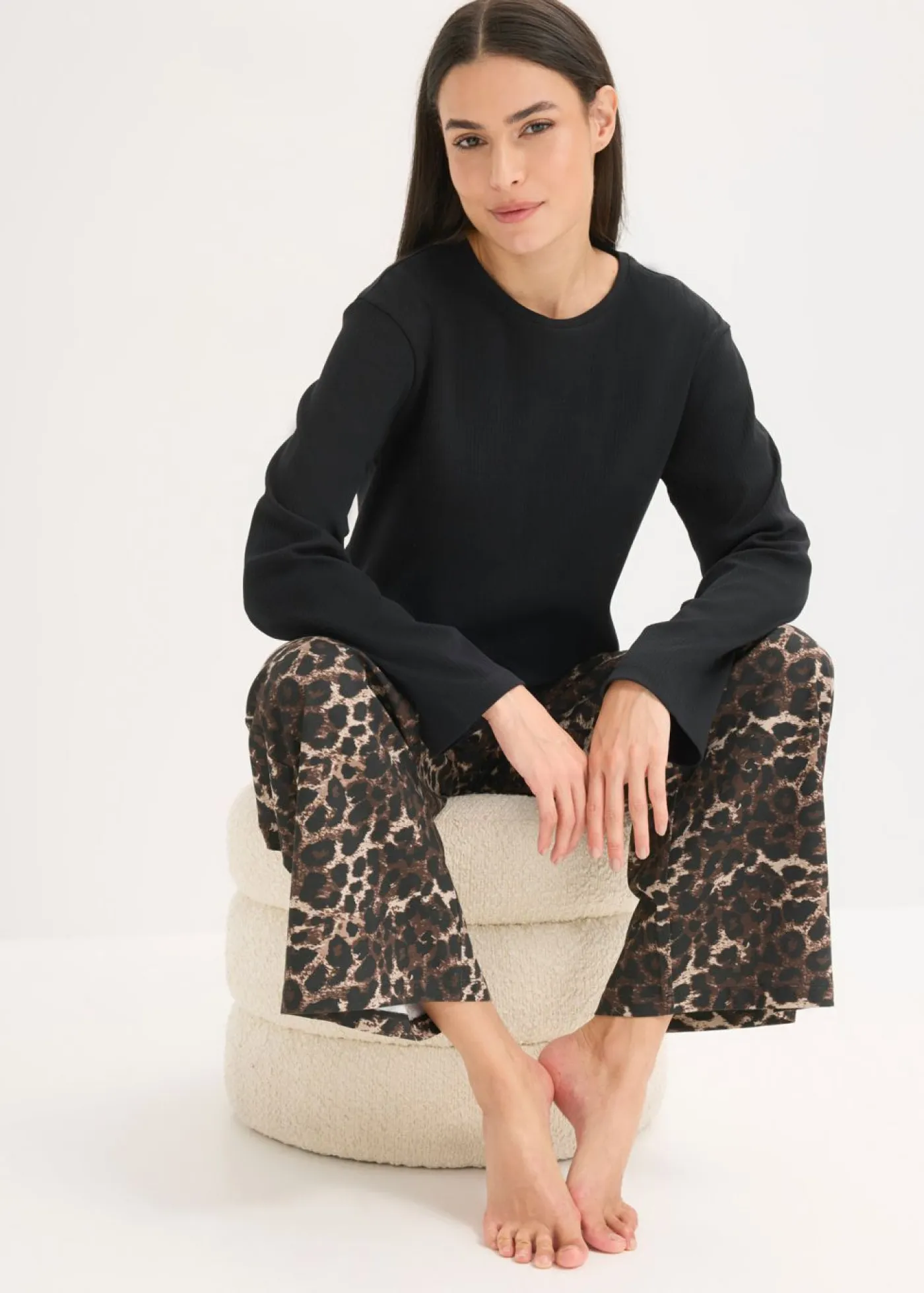 Mujer bonprix bonprix Pijama con camiseta de canalé y pantalón ancho