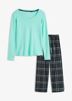 bonprix bonprix Ropa Para Dormir>Pijama con camiseta de canalé y pantalón de franela azul mentol-azul oscuro a cuadros