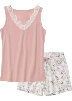 bonprix bonprix Ropa Para Dormir>Pijama corto con encaje fino Rosa palo estampado