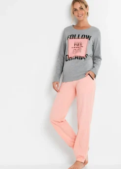 bonprix bonprix Ropa Para Dormir>Pijama de algodón orgánico Gris jaspeado-coral claro estampado