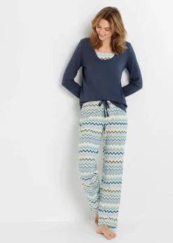 bonprix bonprix Ropa Para Dormir>Pijama de algodón puro azul oscuro/naranja oscuro/salvia ahumado/curry/azul mate