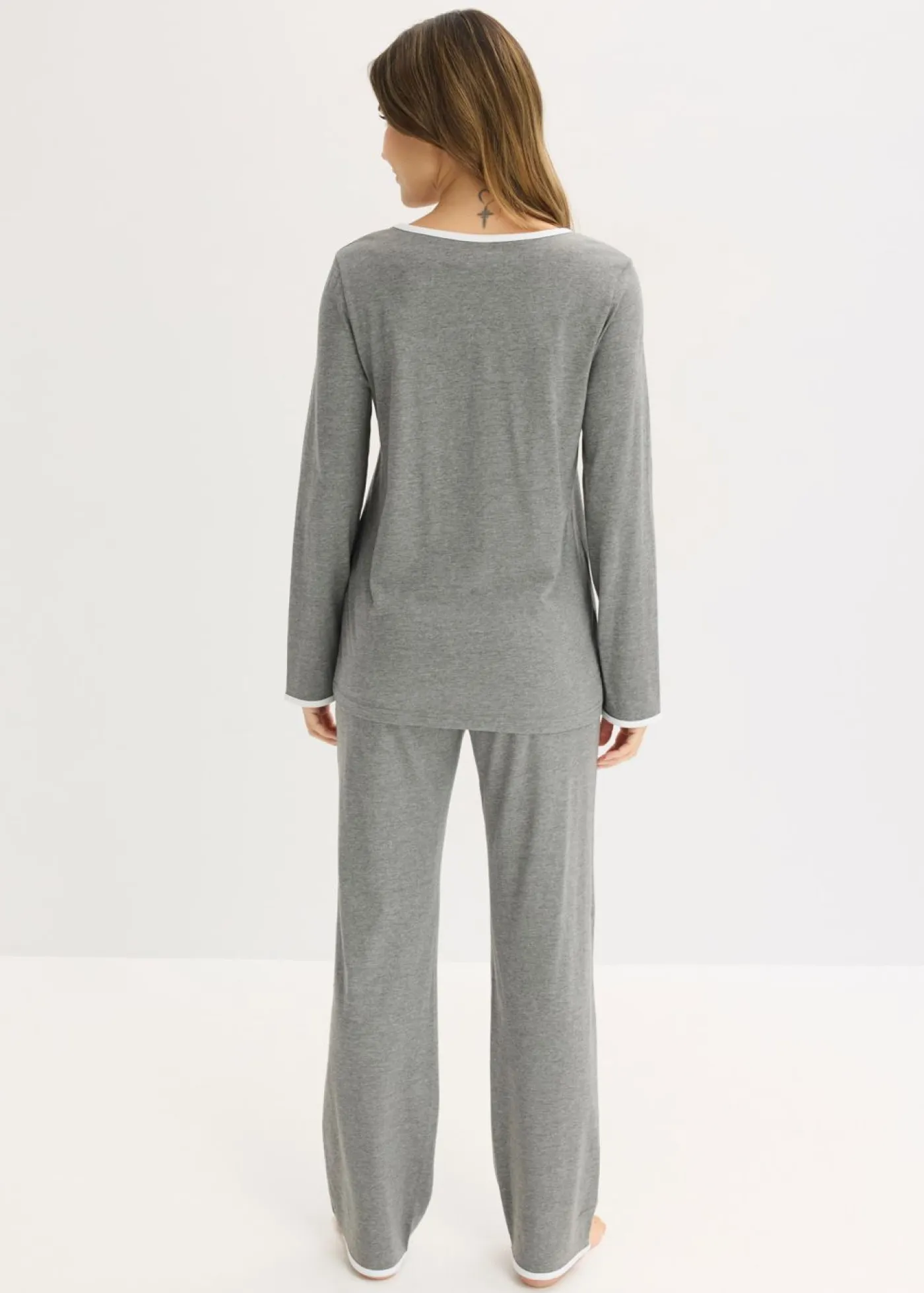 bonprix bonprix Básicos|Ropa Para Dormir>Pijama de algodón puro Gris jaspeado-blanco