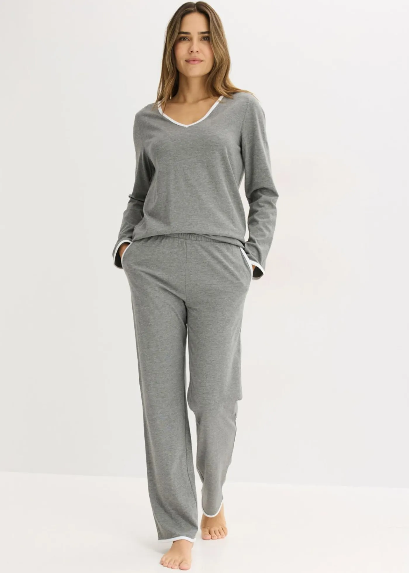 bonprix bonprix Básicos|Ropa Para Dormir>Pijama de algodón puro Gris jaspeado-blanco