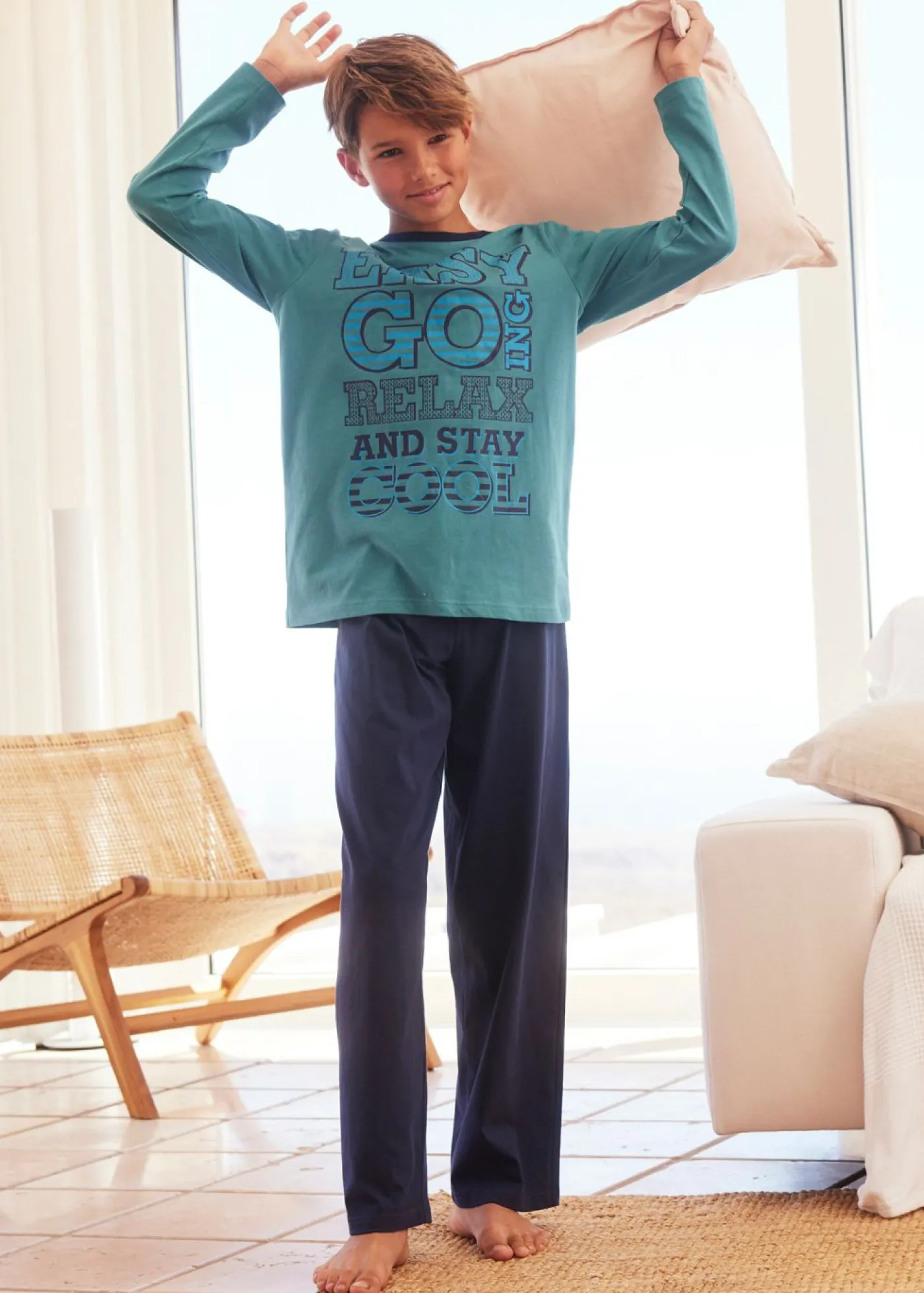 bonprix bonprix Niño·Pijamas>Pijama de algodón puro (2 piezas) Azul verdoso/azul marino