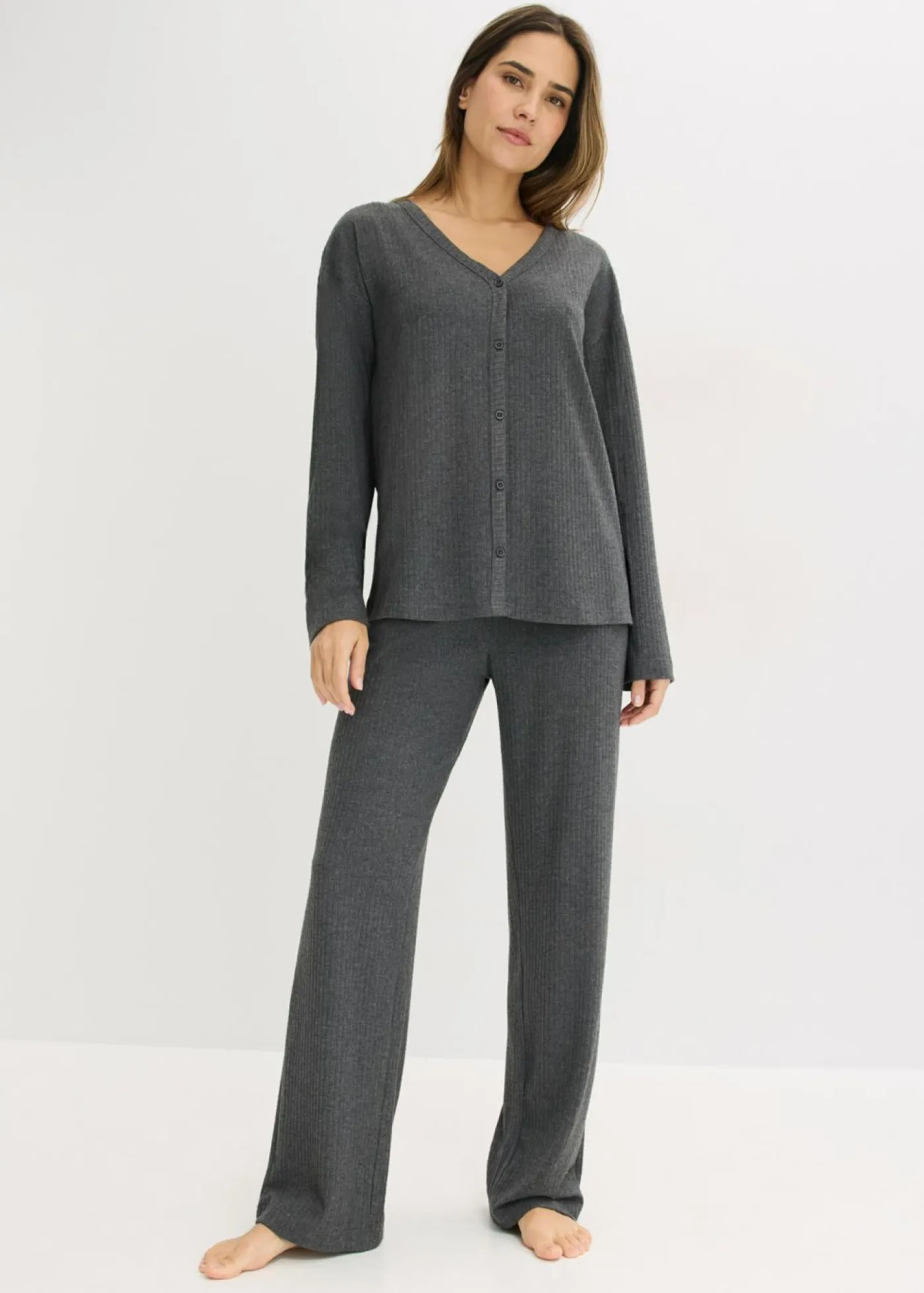 bonprix bonprix Homewear|Ropa Para Dormir>Pijama de canalé suave Antracita jaspeado