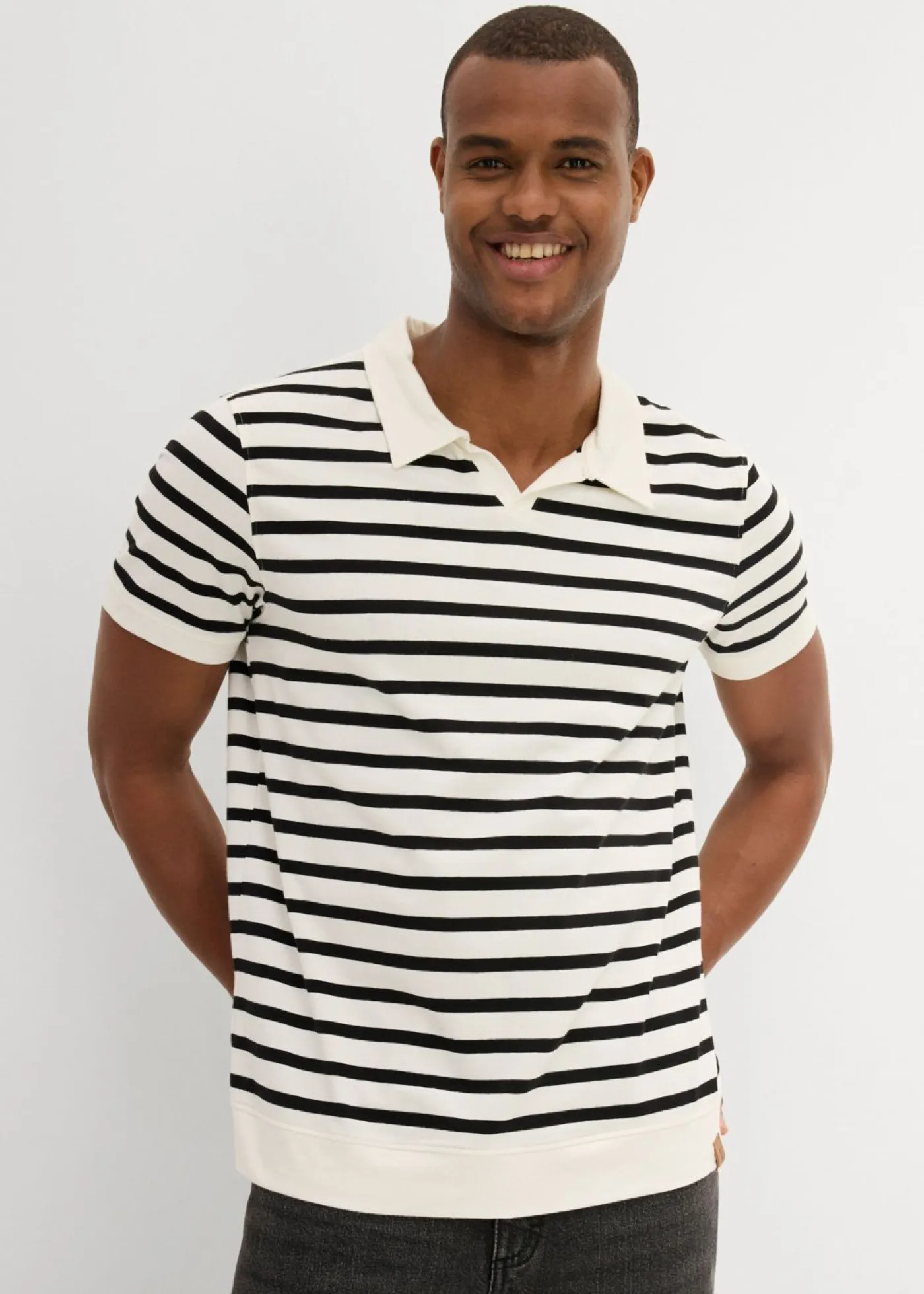 bonprix bonprix Camisetas Y Polos>Polo de algodón orgánico Blanco lana-negro de rayas