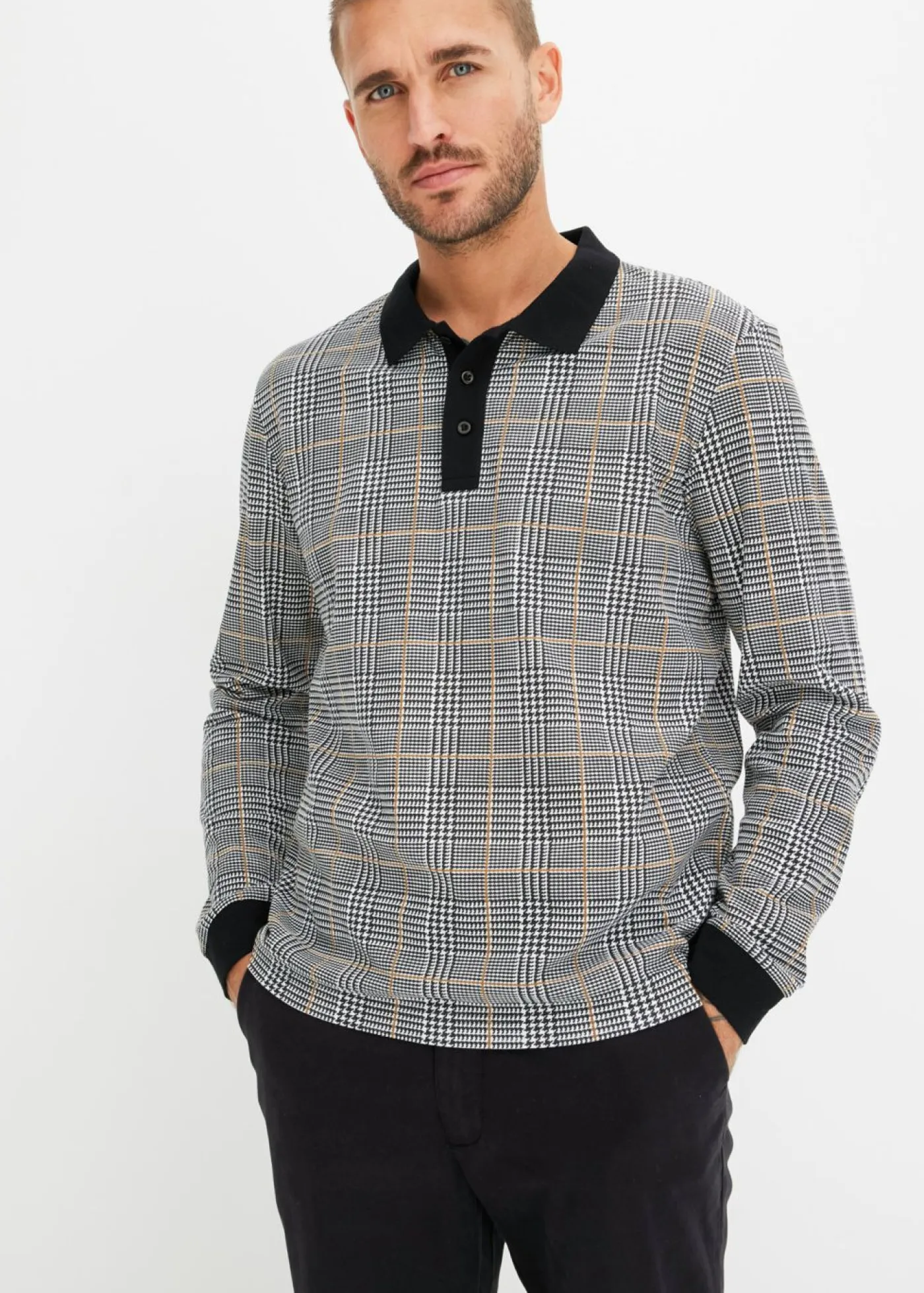 bonprix bonprix Camisetas Y Polos>Polo de piqué de manga larga de algodón orgánico Negro-blanco