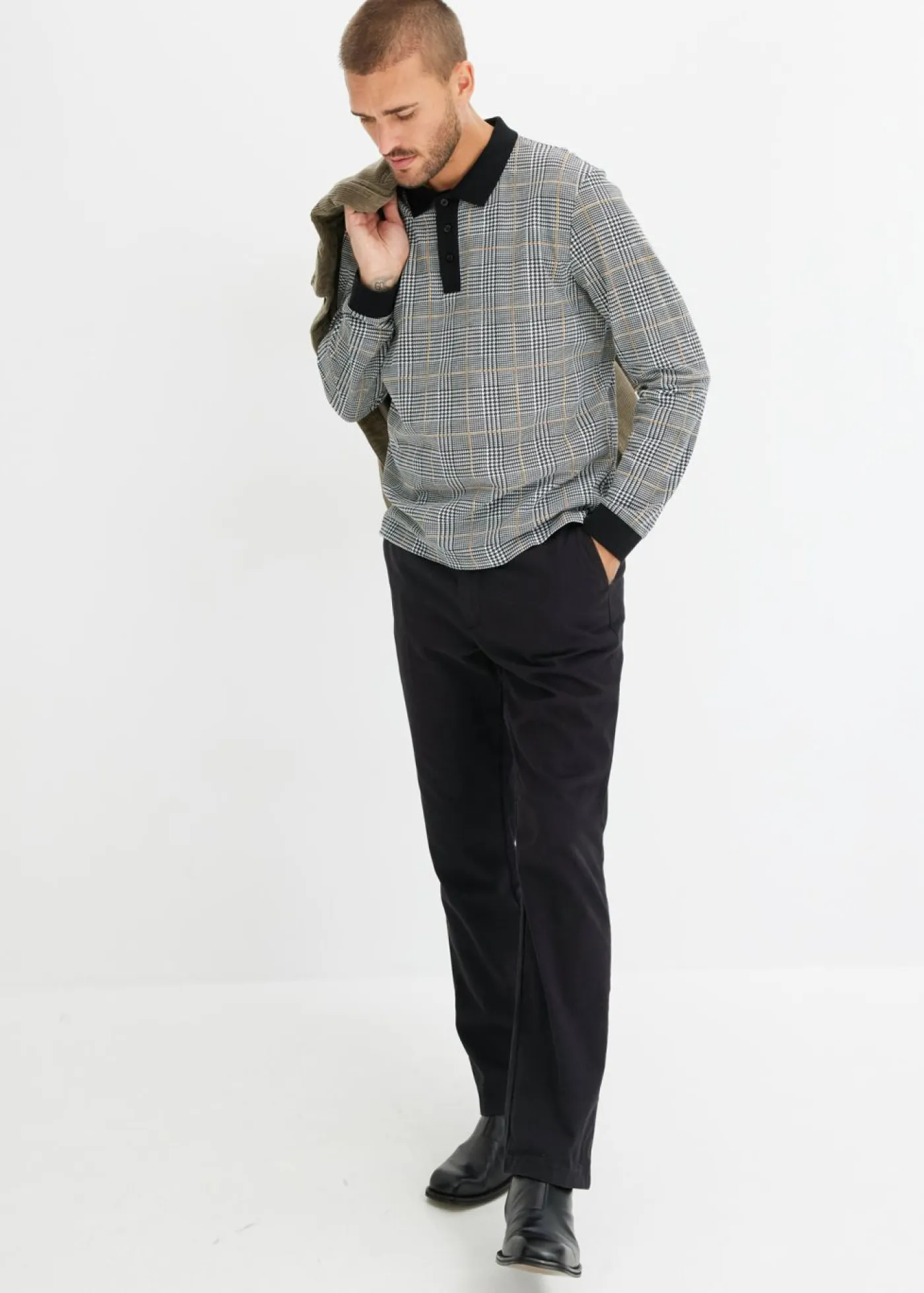 bonprix bonprix Camisetas Y Polos>Polo de piqué de manga larga de algodón orgánico Negro-blanco