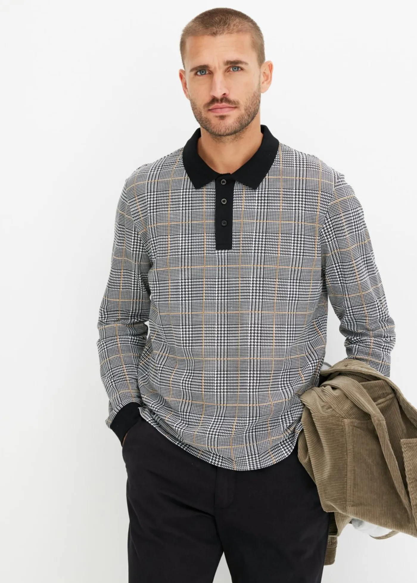 bonprix bonprix Camisetas Y Polos>Polo de piqué de manga larga de algodón orgánico Negro-blanco