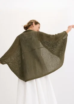 bonprix bonprix Ponchos|Premium>Poncho de punto de ajour con contenido de lino Verde oliva oscuro