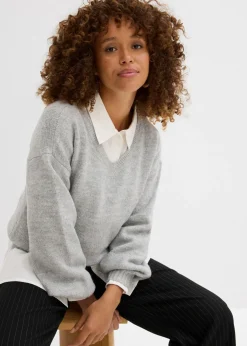 Mujer bonprix bonprix Suave jersey de punto fino con mangas abullonadas