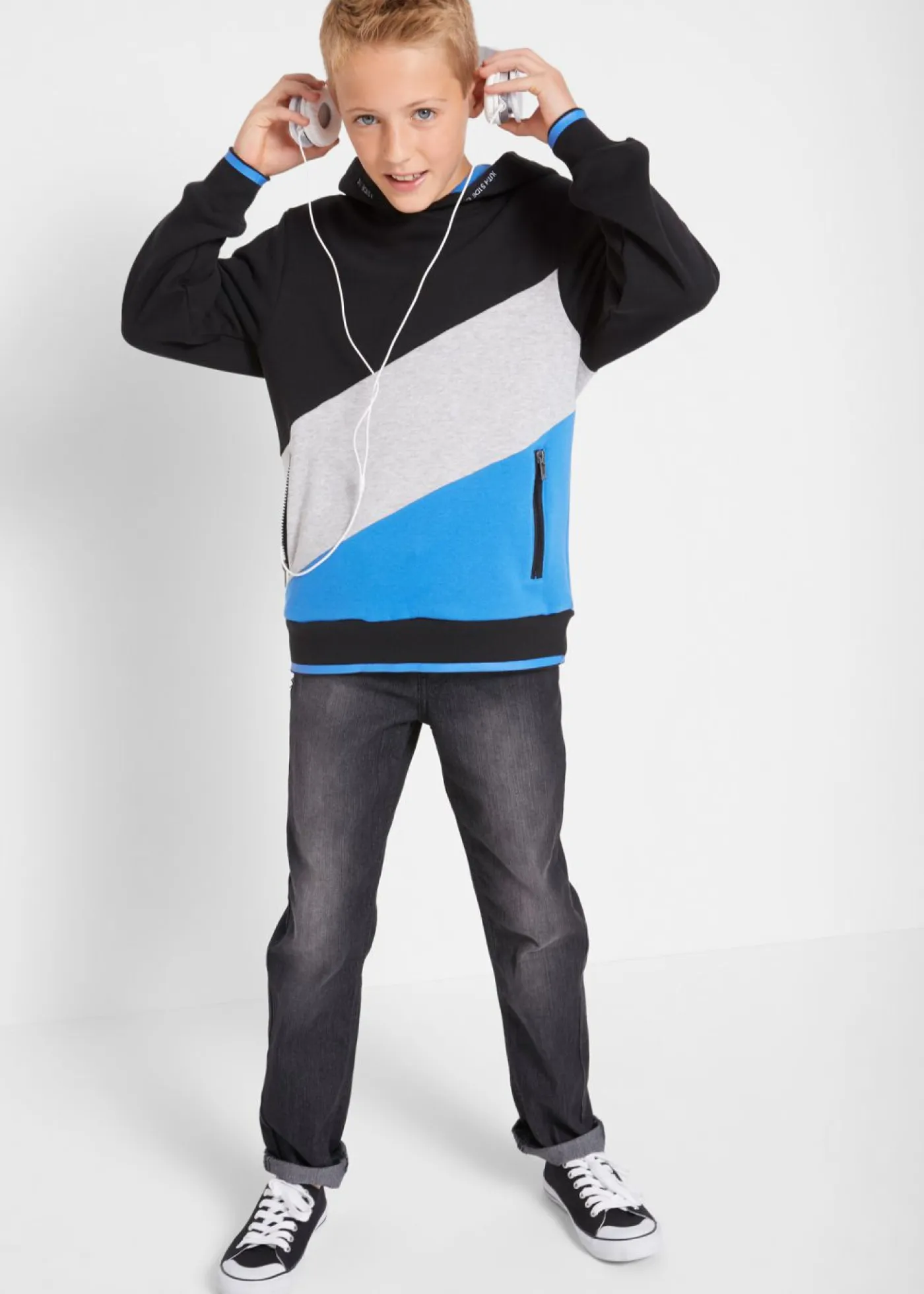 bonprix bonprix Ropa 9 A 16 Años·Sudaderas Y Jerséis>Sudadera con capucha de algodón orgánico azul marino/turquesa oscuro/verde hierba estampado