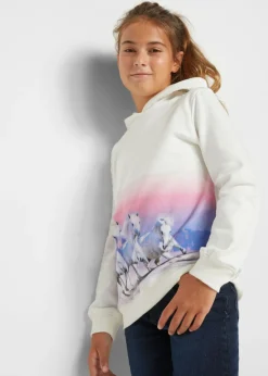 bonprix bonprix Ropa 9 A 16 Años·Sudaderas Y Jerséis>Sudadera con capucha de algodón orgánico Blanco lana/lila azulado con estampado fotográfico