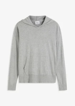 bonprix bonprix Jerséis|Ropa De Punto>Sudadera con capucha de punto y bolsillo canguro en mezcla de viscosa Gris claro jaspeado