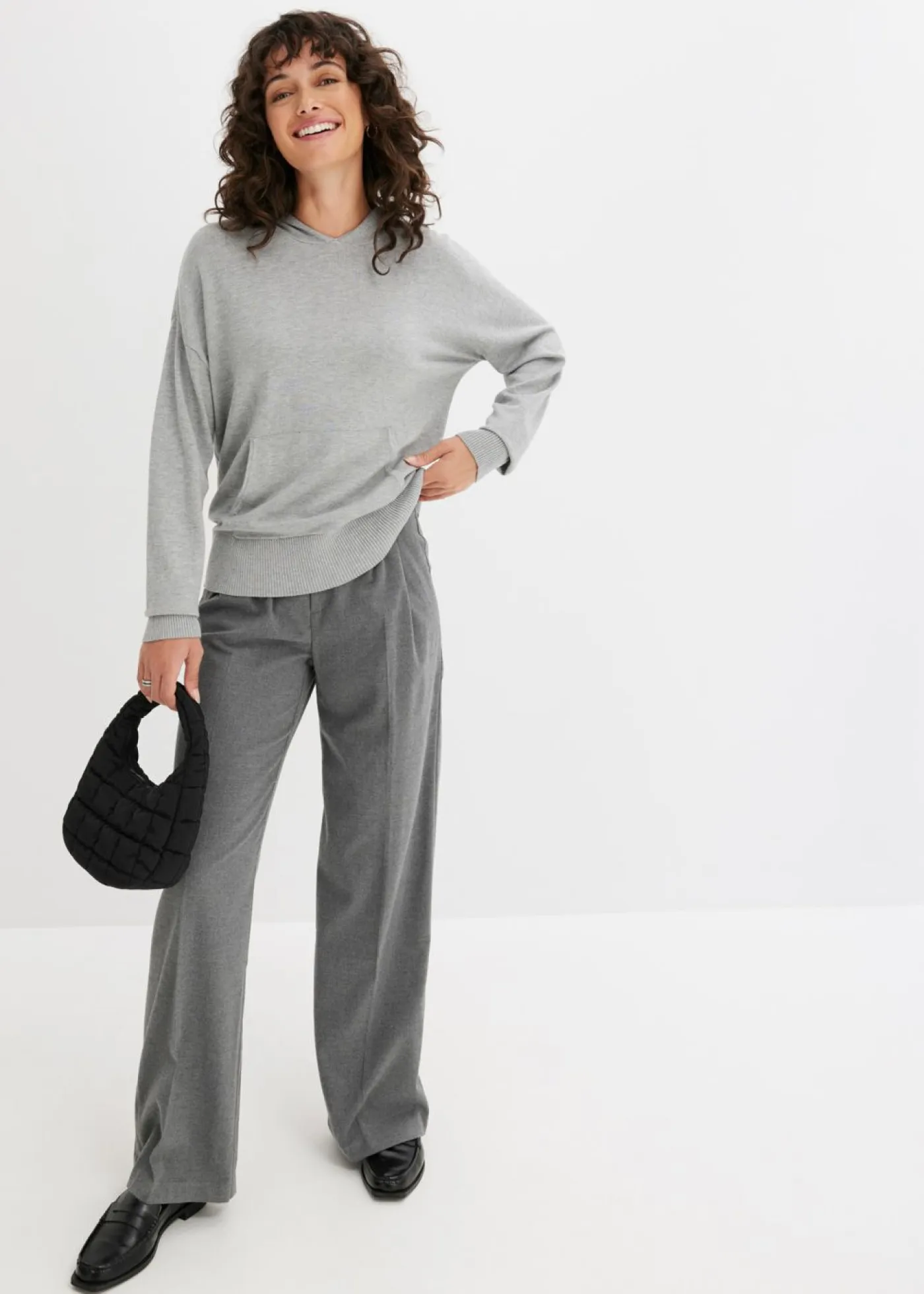 bonprix bonprix Jerséis|Ropa De Punto>Sudadera con capucha de punto y bolsillo canguro en mezcla de viscosa Gris claro jaspeado