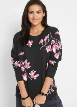 bonprix bonprix Ropa Cómoda>Sudadera con estampado de flores de corte holgado Negro con flores
