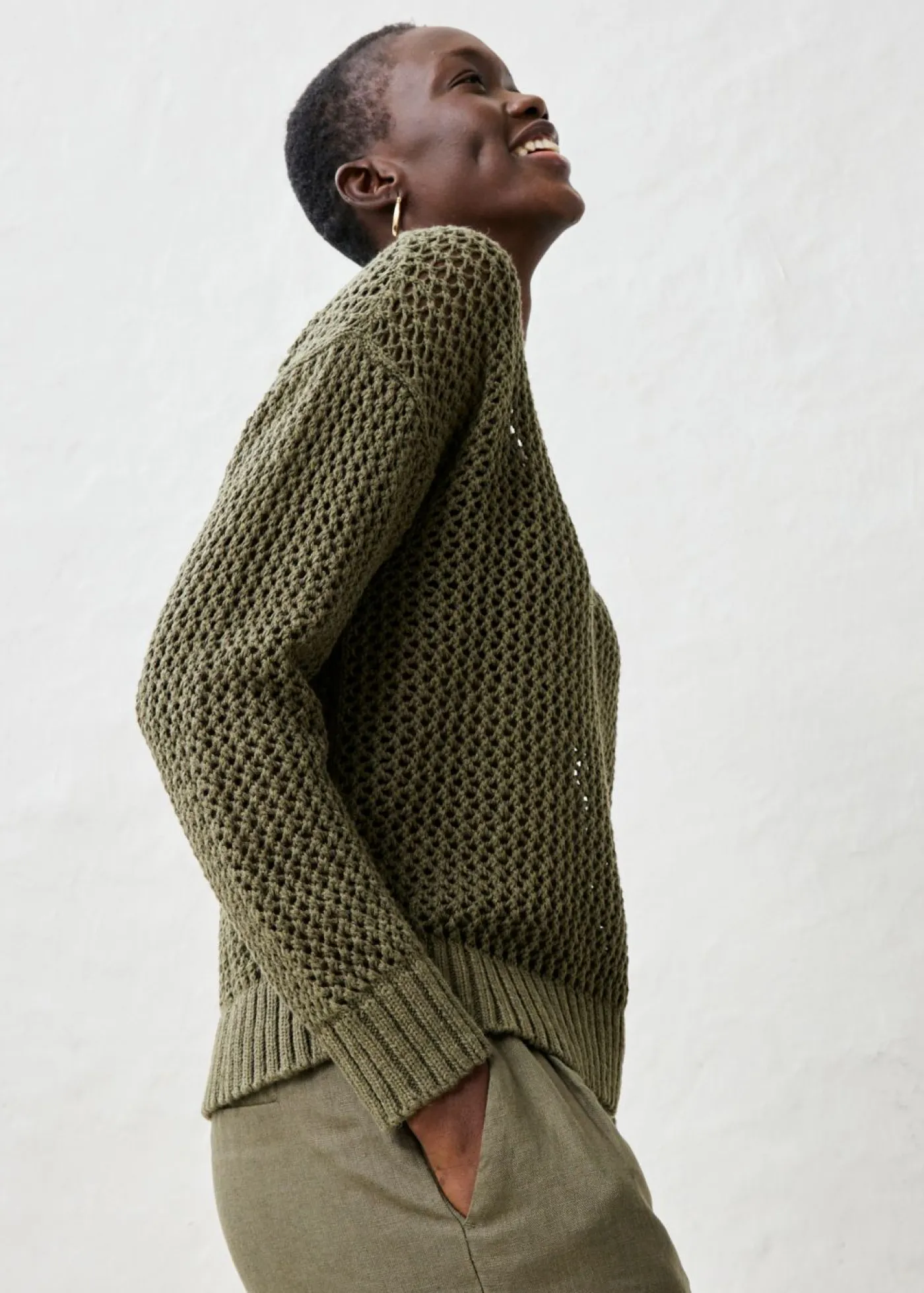 bonprix bonprix Premium|Jerséis>Sudadera de ajour de mezcla de lino ligero Verde oliva oscuro