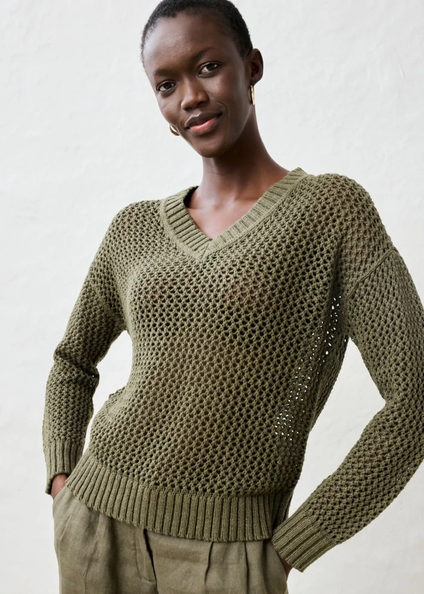 bonprix bonprix Premium|Jerséis>Sudadera de ajour de mezcla de lino ligero Verde oliva oscuro