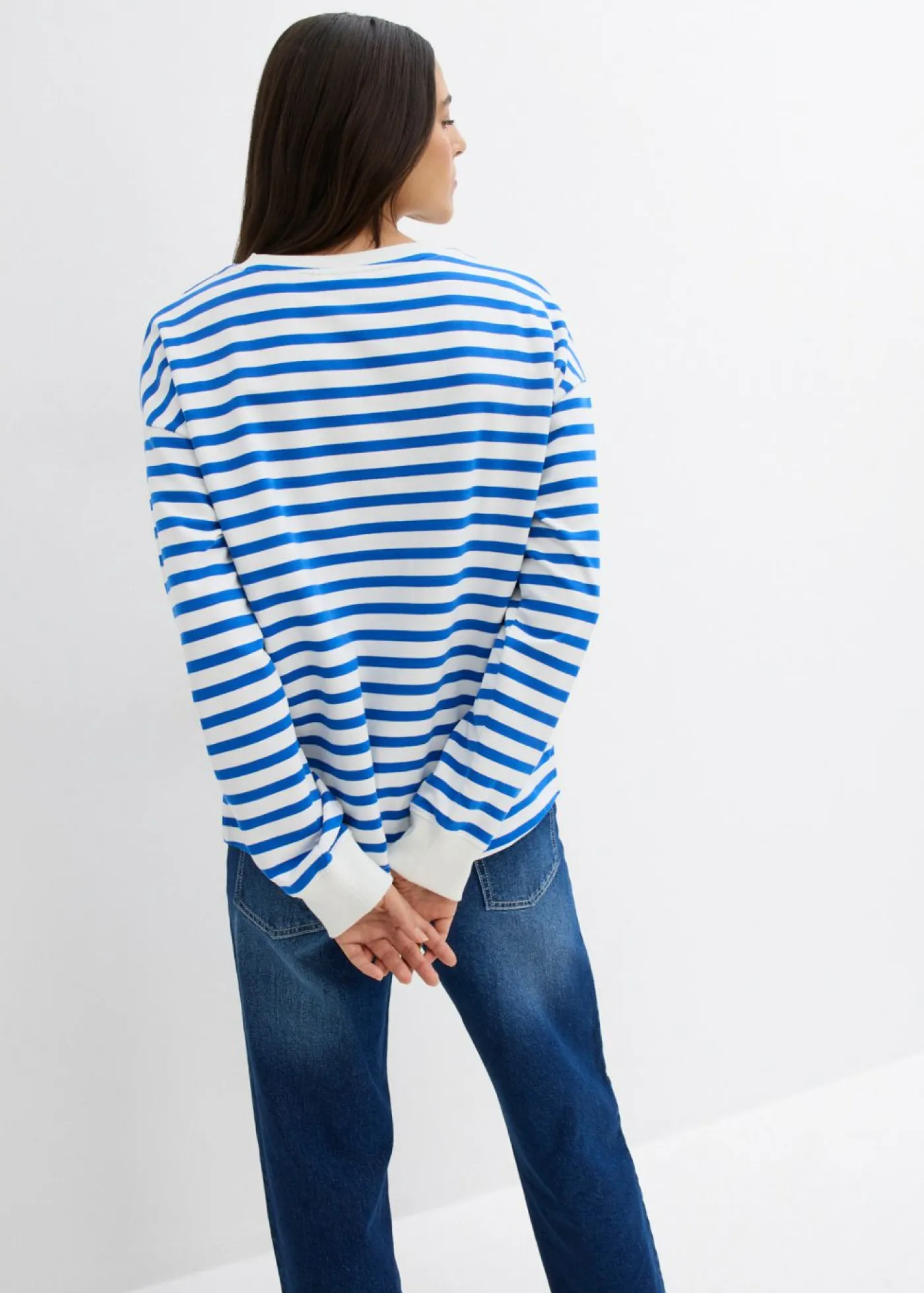 bonprix bonprix Básicos|Ropa Cómoda>Sudadera de algodón orgánico con manga larga y diseño de rayas beige-azul ártico con rayas