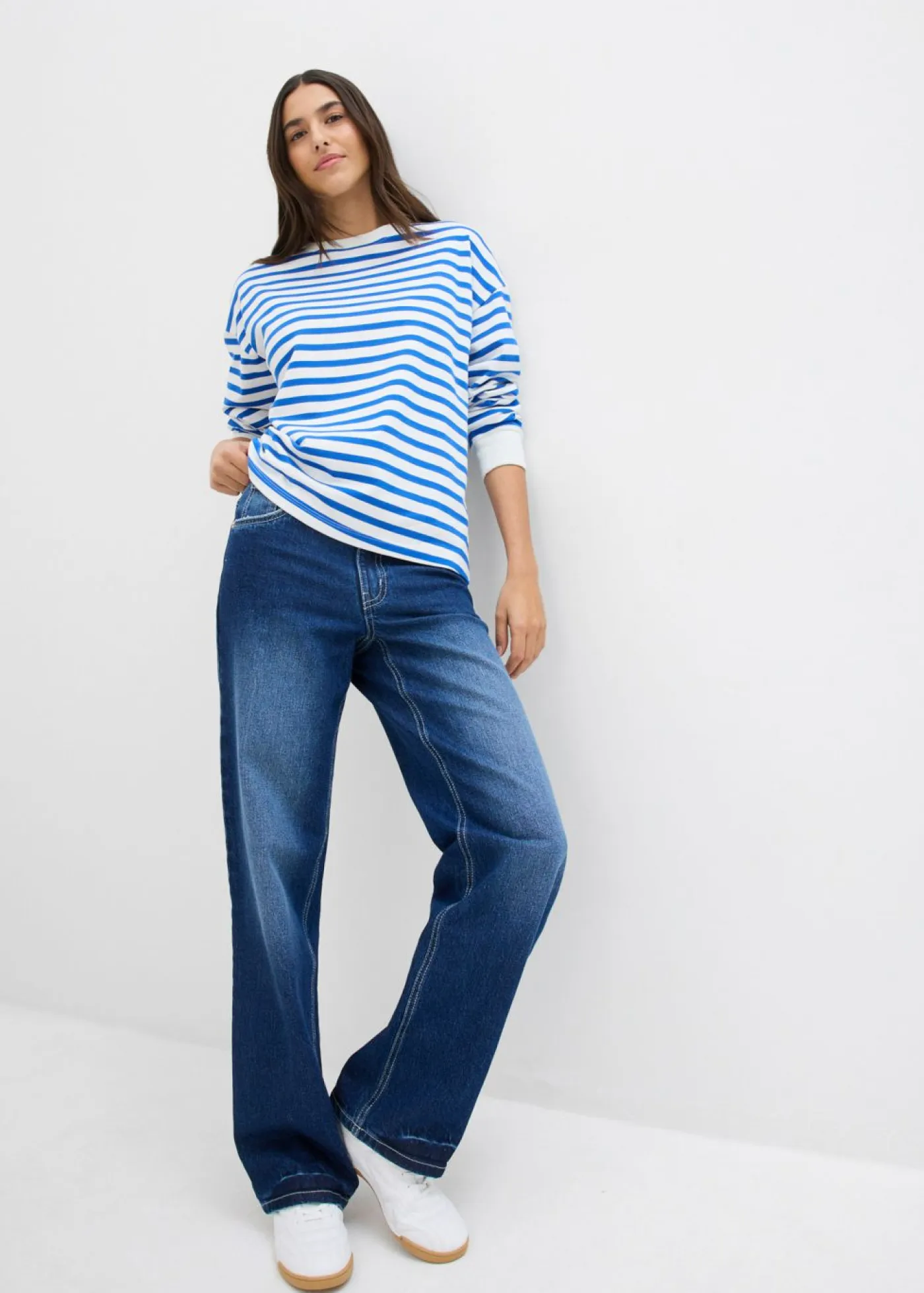 bonprix bonprix Básicos|Ropa Cómoda>Sudadera de algodón orgánico con manga larga y diseño de rayas beige-azul ártico con rayas