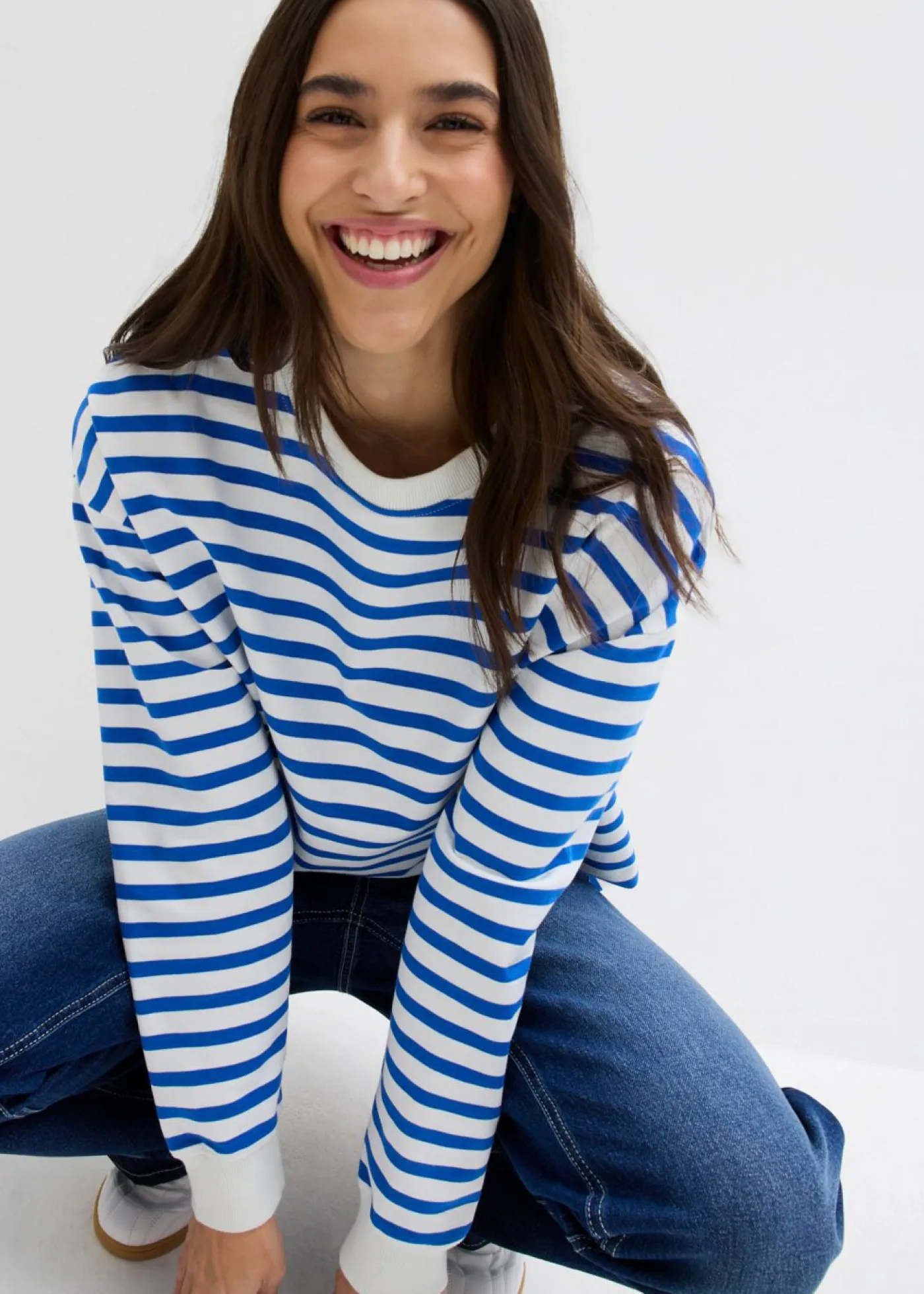 bonprix bonprix Básicos|Ropa Cómoda>Sudadera de algodón orgánico con manga larga y diseño de rayas beige-azul ártico con rayas