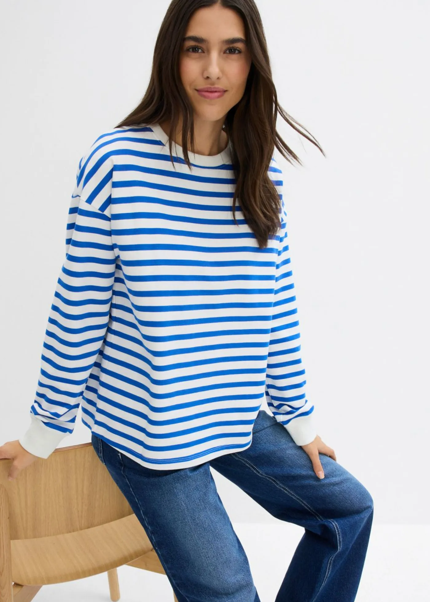 bonprix bonprix Básicos|Ropa Cómoda>Sudadera de algodón orgánico con manga larga y diseño de rayas beige-azul ártico con rayas