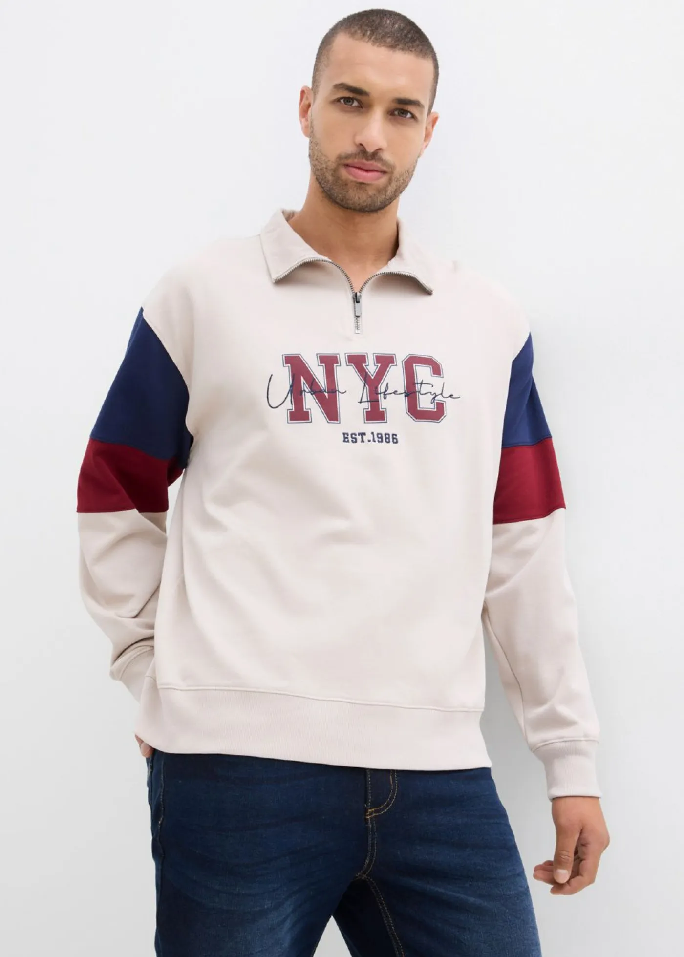 bonprix bonprix Chándals>Sudadera de algodón orgánico puro, loose fit Gris piedra estampado