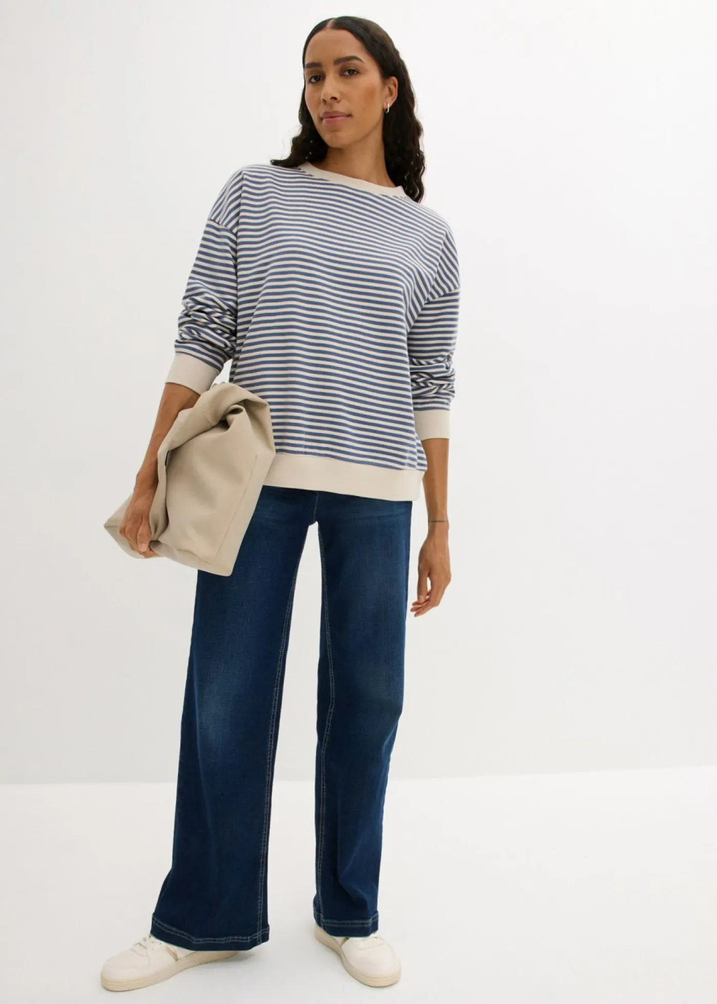 bonprix bonprix Básicos|Ropa Cómoda>Sudadera holgada Denim-blanco lana de rayas