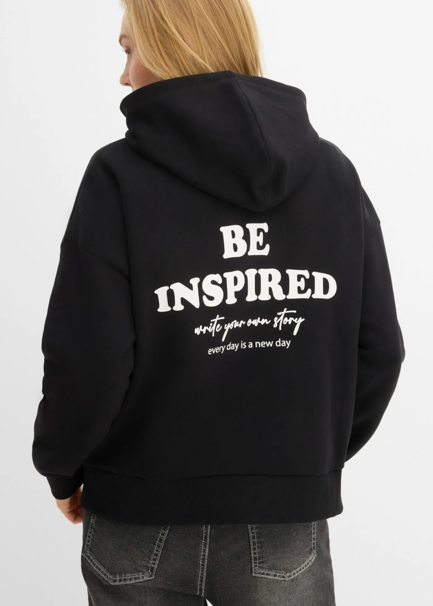 bonprix bonprix Ropa Cómoda|Novedades>Sudadera oversize de mezcla de algodón suave con capucha Negro estampado